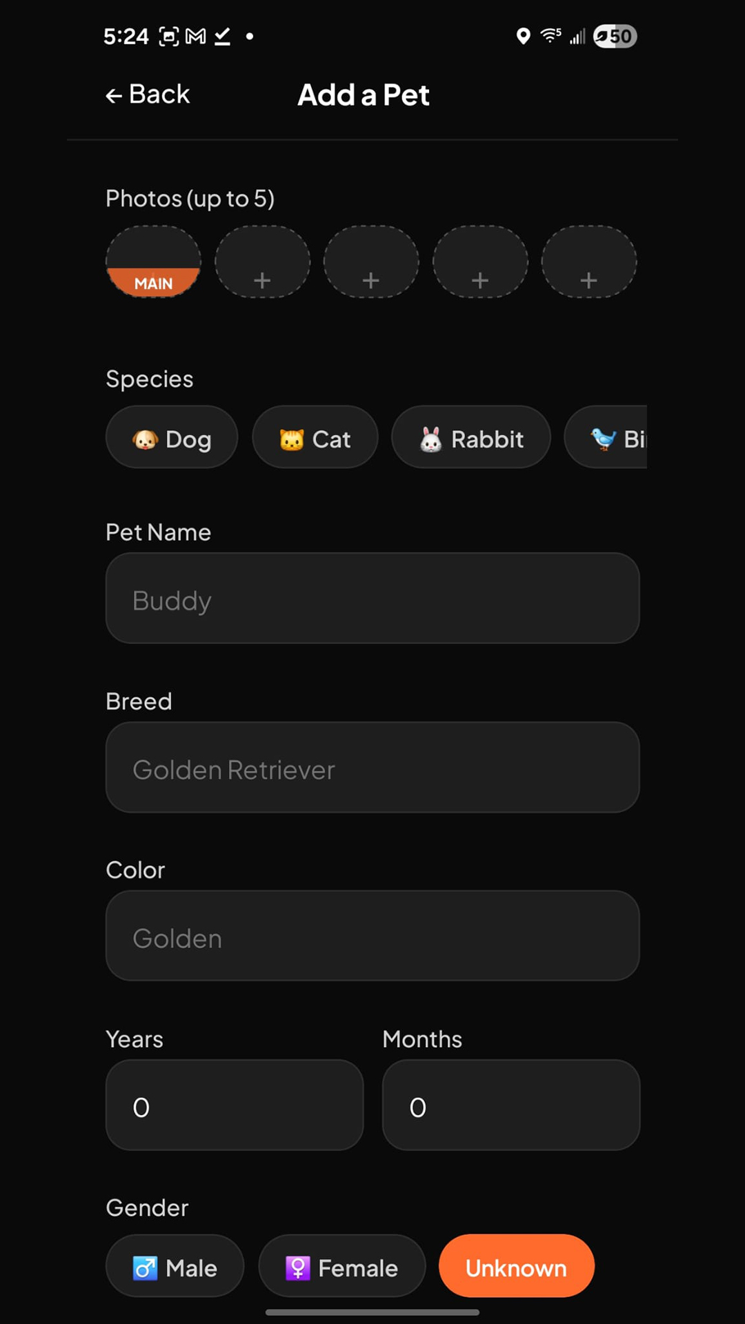 Pet profile